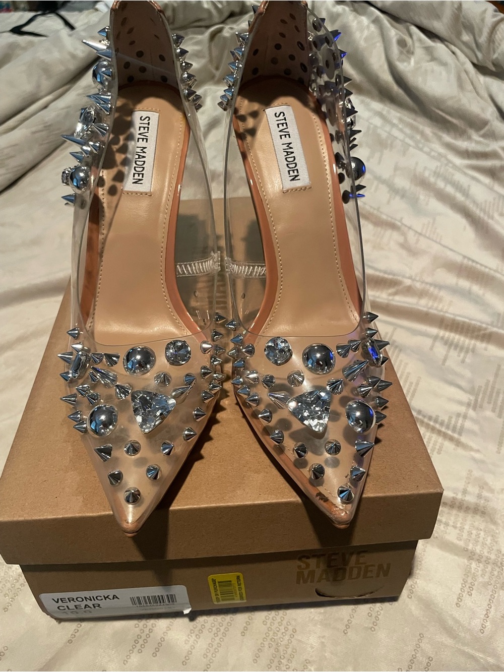 Steve Madden Clear PVC Nude Insole Spike & Crystal Pointed Pumps - Picture 1 of 6